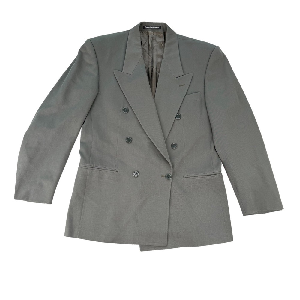 Steel Blazer Double Breasted Olive Green Pure Virgin Wool 80s Power Suit L XL